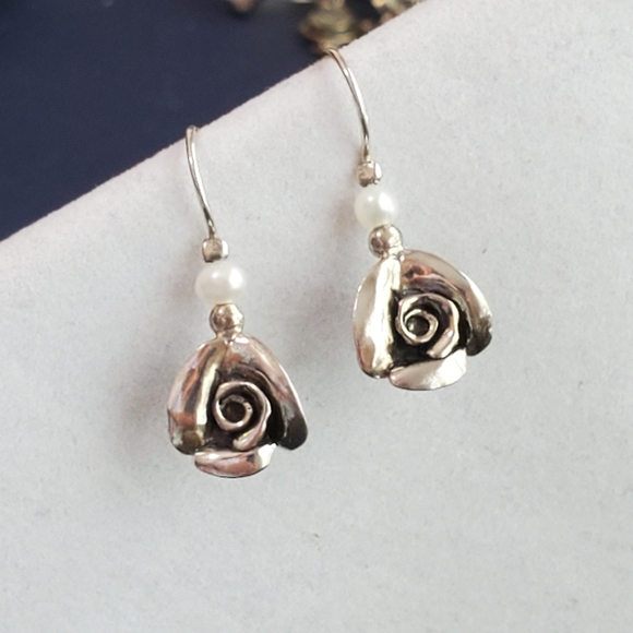 PZ Jewelry - PZ ISRAEL Sterling Rose Earrings with White Cultured Pearl 1.25”L